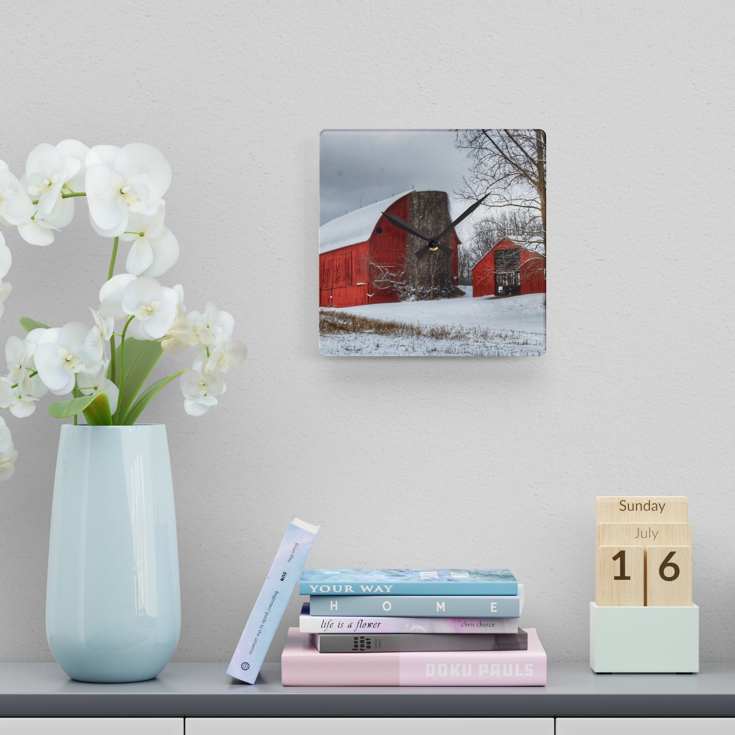 U R There Photography Catlin Reds in Winter I Rustic Farmhouse Acrylic Analog Wall Clock