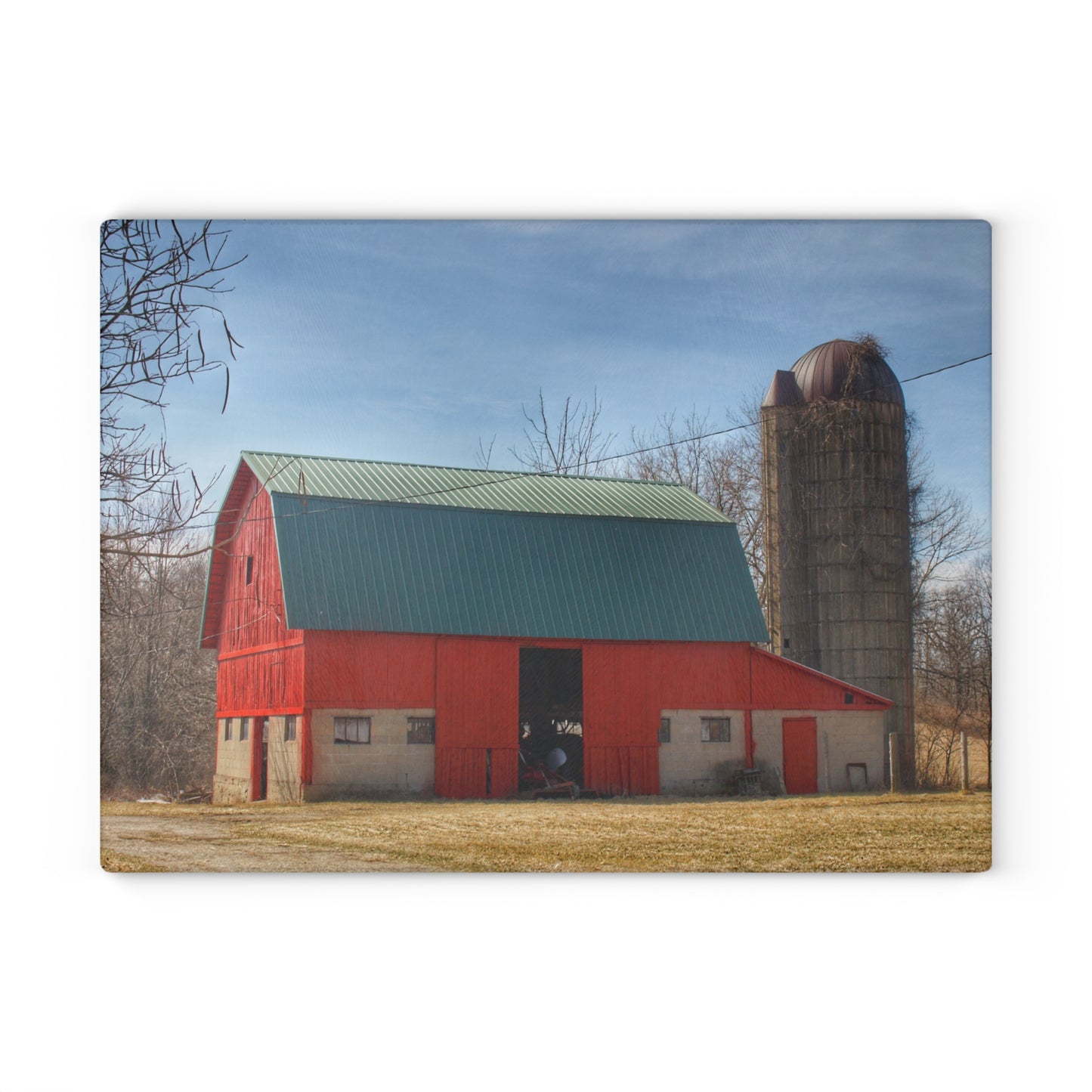 U R There Photography Wilson Road Red and Silo II Rustic Farmhouse Tempered-Glass Cutting Board
