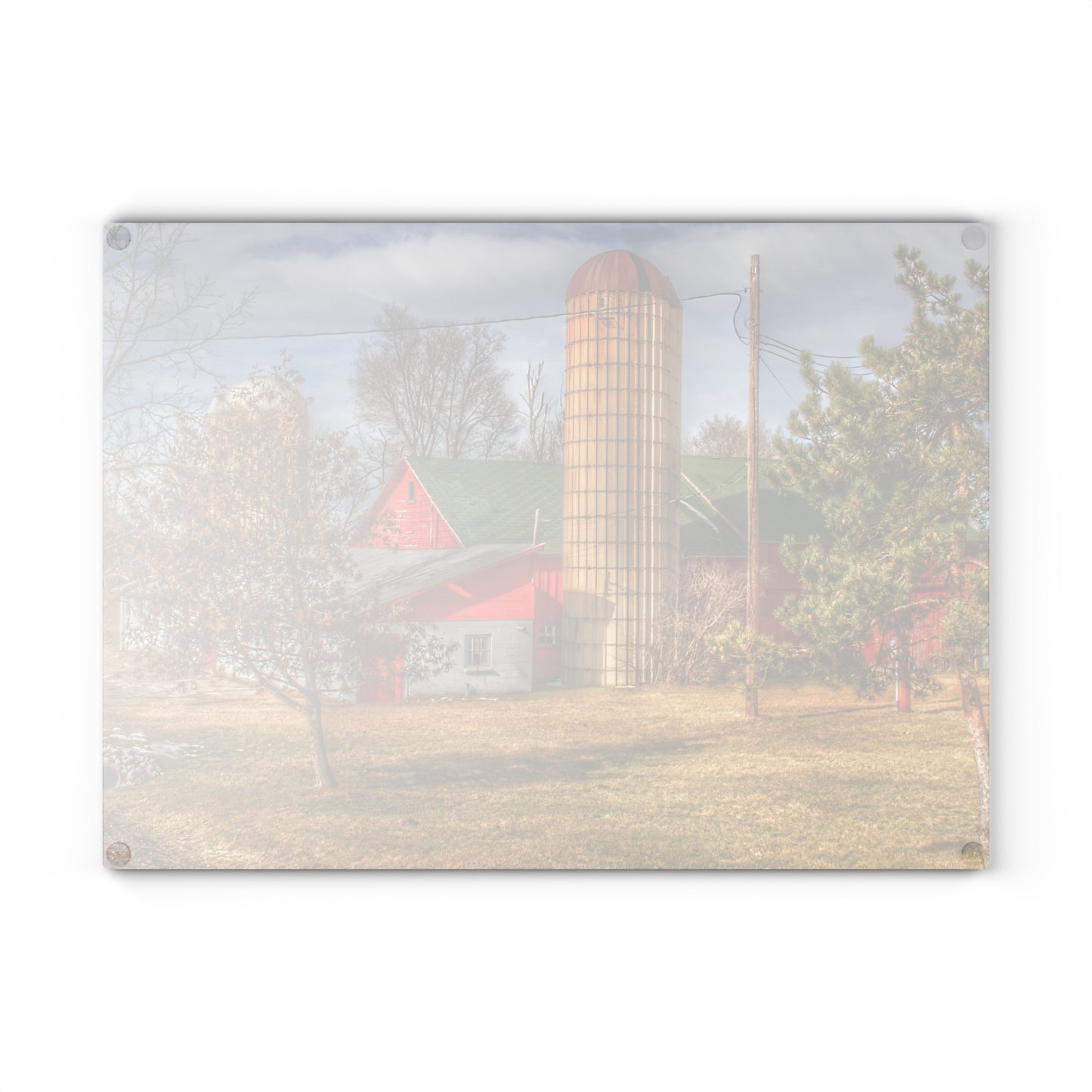 U R There Photography Newark Road Red and Silos II Rustic Farmhouse Tempered-Glass Cutting Board