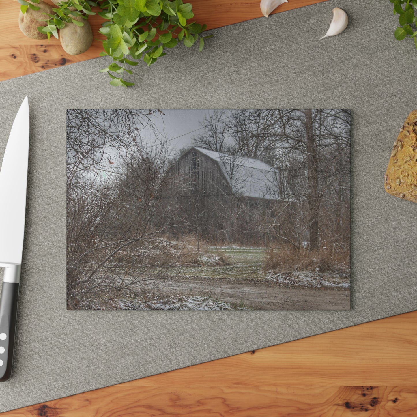 U R There Photography Bishop Road Winter Grey Rustic Farmhouse Tempered-Glass Cutting Board