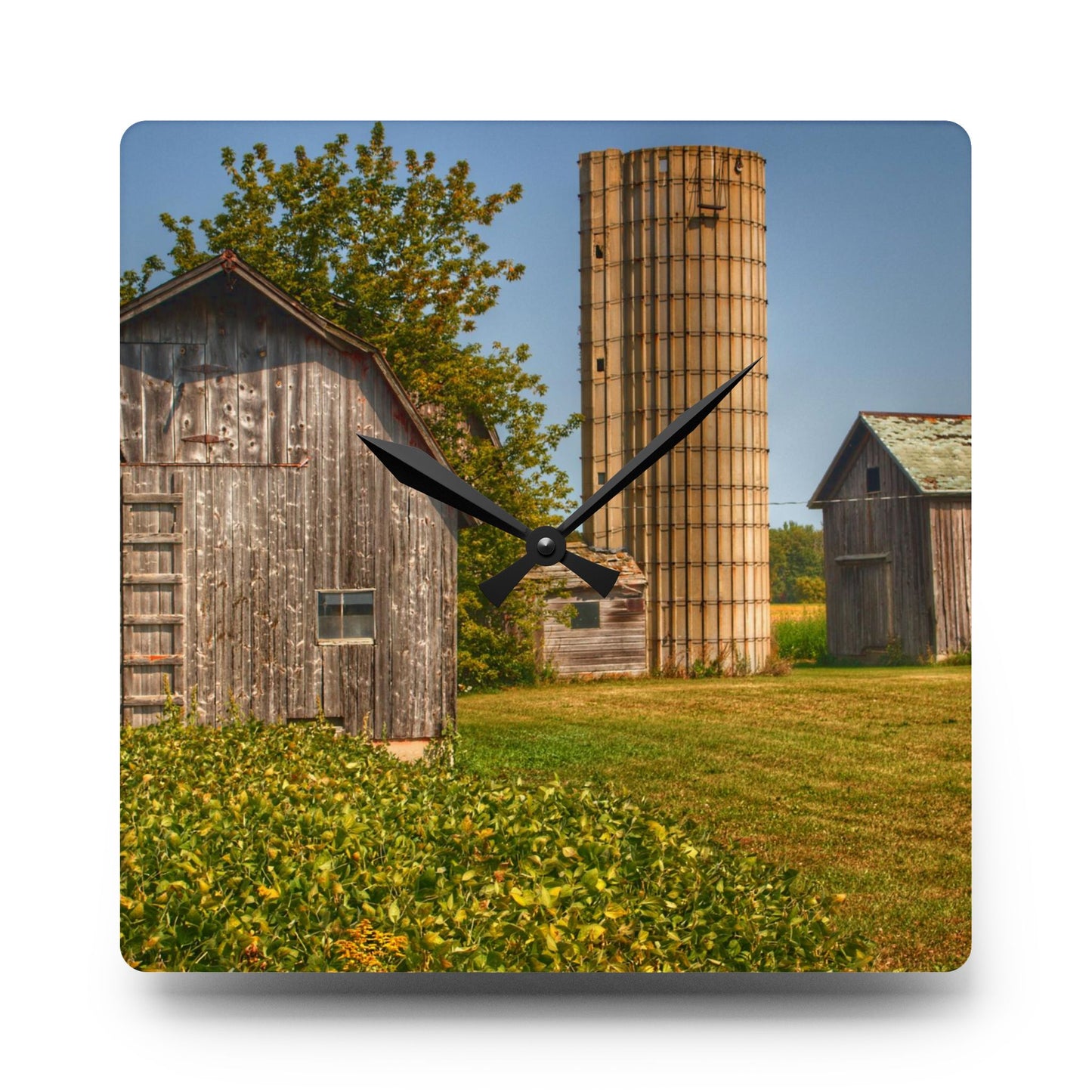 U R There Photography Swaffer Mini Greys and Silos Rustic Farmhouse Acrylic Analog Wall Clock