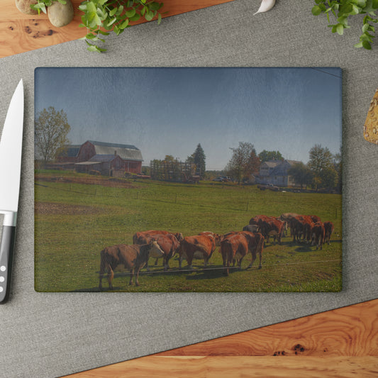 U R There Photography Plain Road Farm and Cows Rustic Farmhouse Tempered-Glass Cutting Board