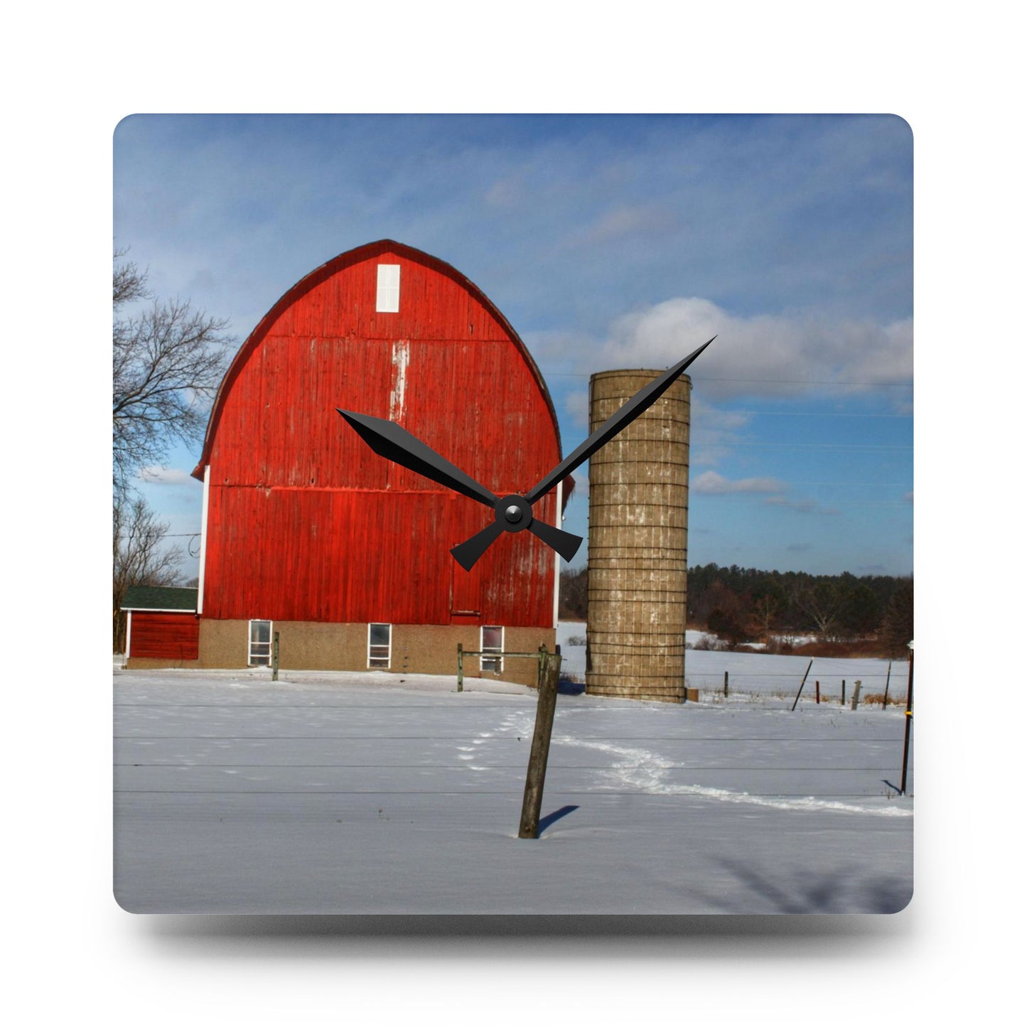 U R There Photography Barnes Road Winter Red Rustic Farmhouse Acrylic Analog Wall Clock