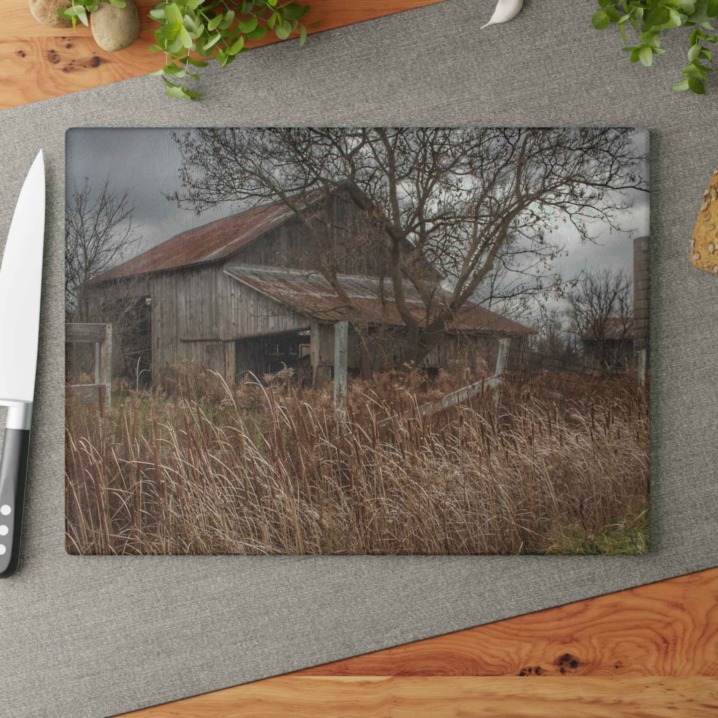 U R There Photography Grey Saltbox Rustic Farmhouse Tempered-Glass Cutting Board