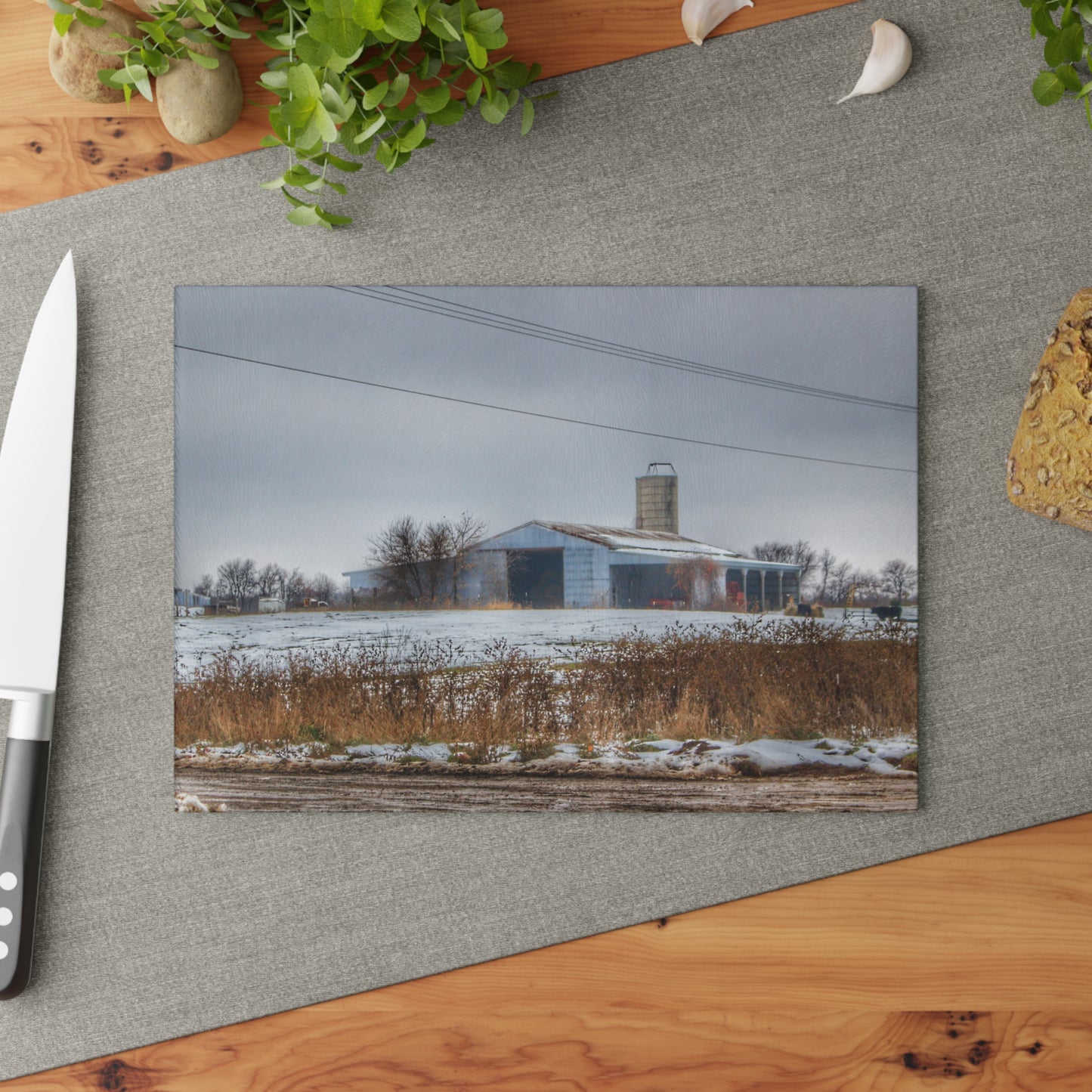 U R There Photography Noble Road Blue Cow Barn Rustic Farmhouse Tempered-Glass Cutting Board