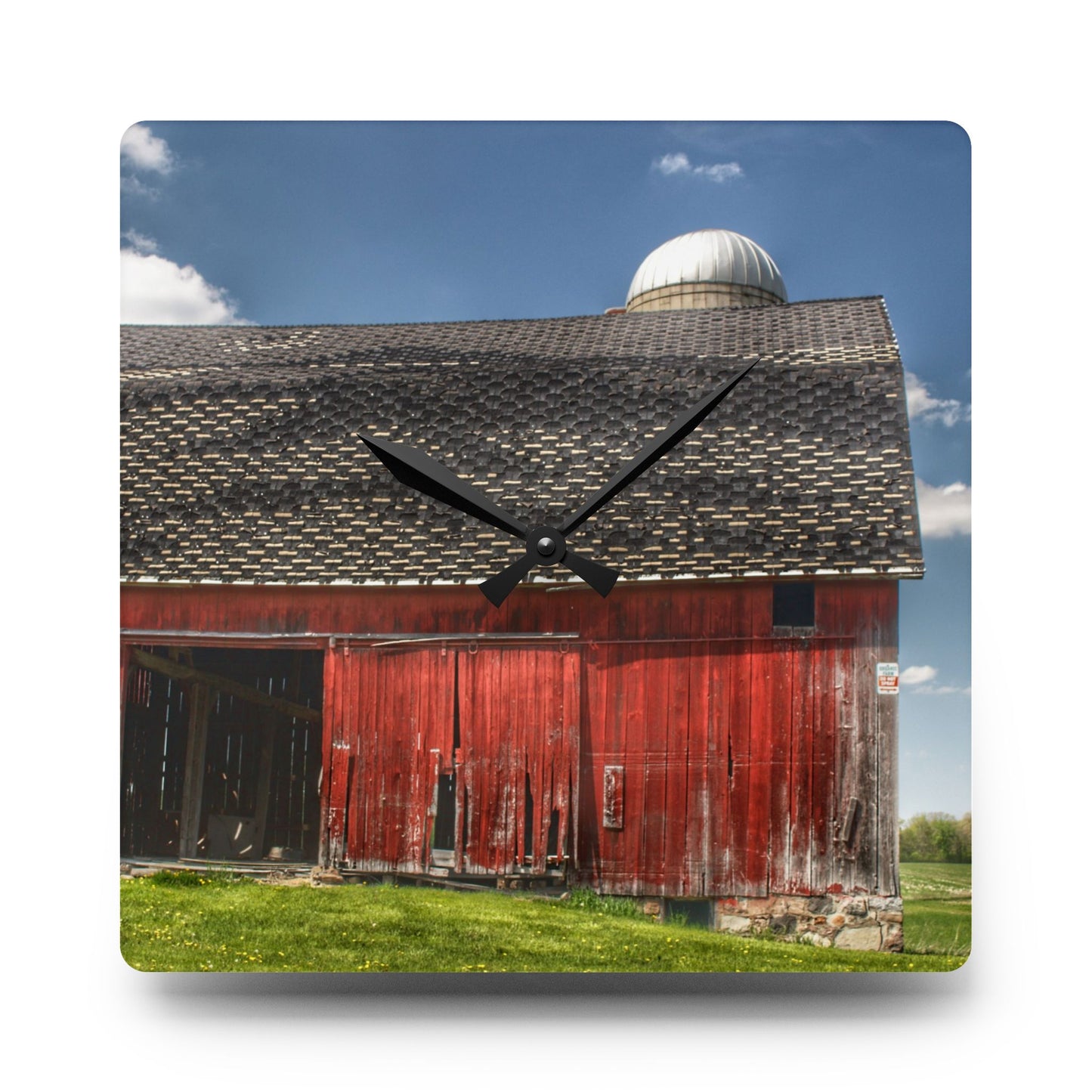 U R There Photography Hollenbeck Road Red III Rustic Farmhouse Acrylic Analog Wall Clock