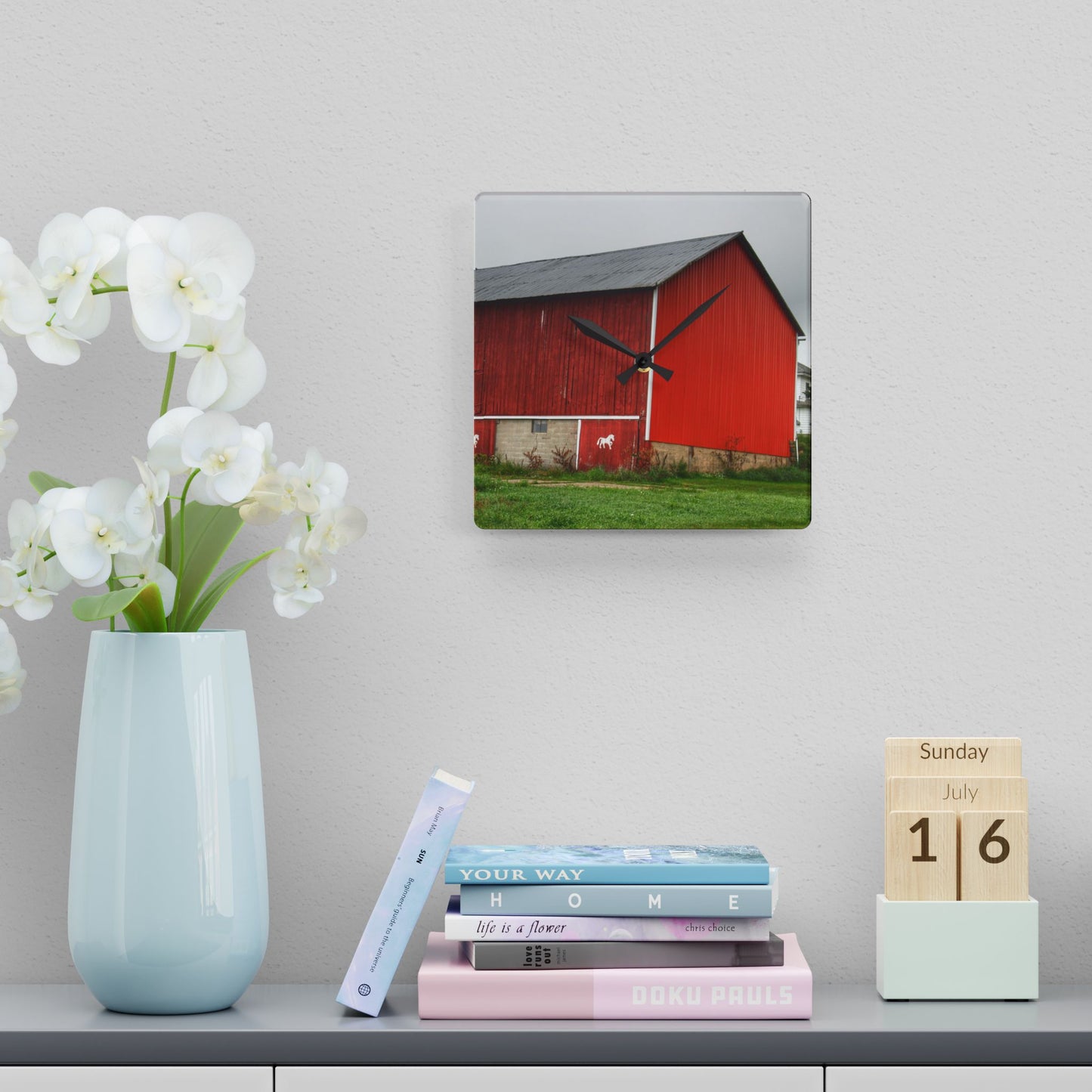 U R There Photography Brown Road Horse Barn II Rustic Farmhouse Acrylic Analog Wall Clock