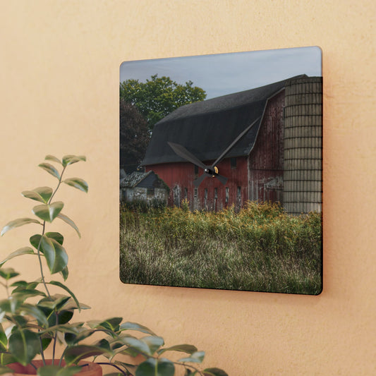 U R There Photography McDowell Road Old Red and Little White Rustic Farmhouse Acrylic Analog Wall Clock