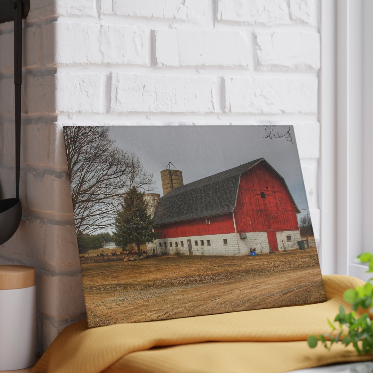 U R There Photography Hunters Creek Red Cow Barn II Rustic Farmhouse Tempered-Glass Cutting Board