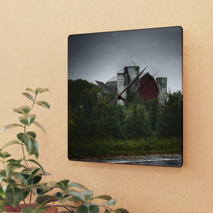 U R There Photography Castle Road Red and Silos in the Rain Rustic Farmhouse Acrylic Analog Wall Clock