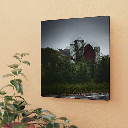 U R There Photography Castle Road Red and Silos in the Rain Rustic Farmhouse Acrylic Analog Wall Clock
