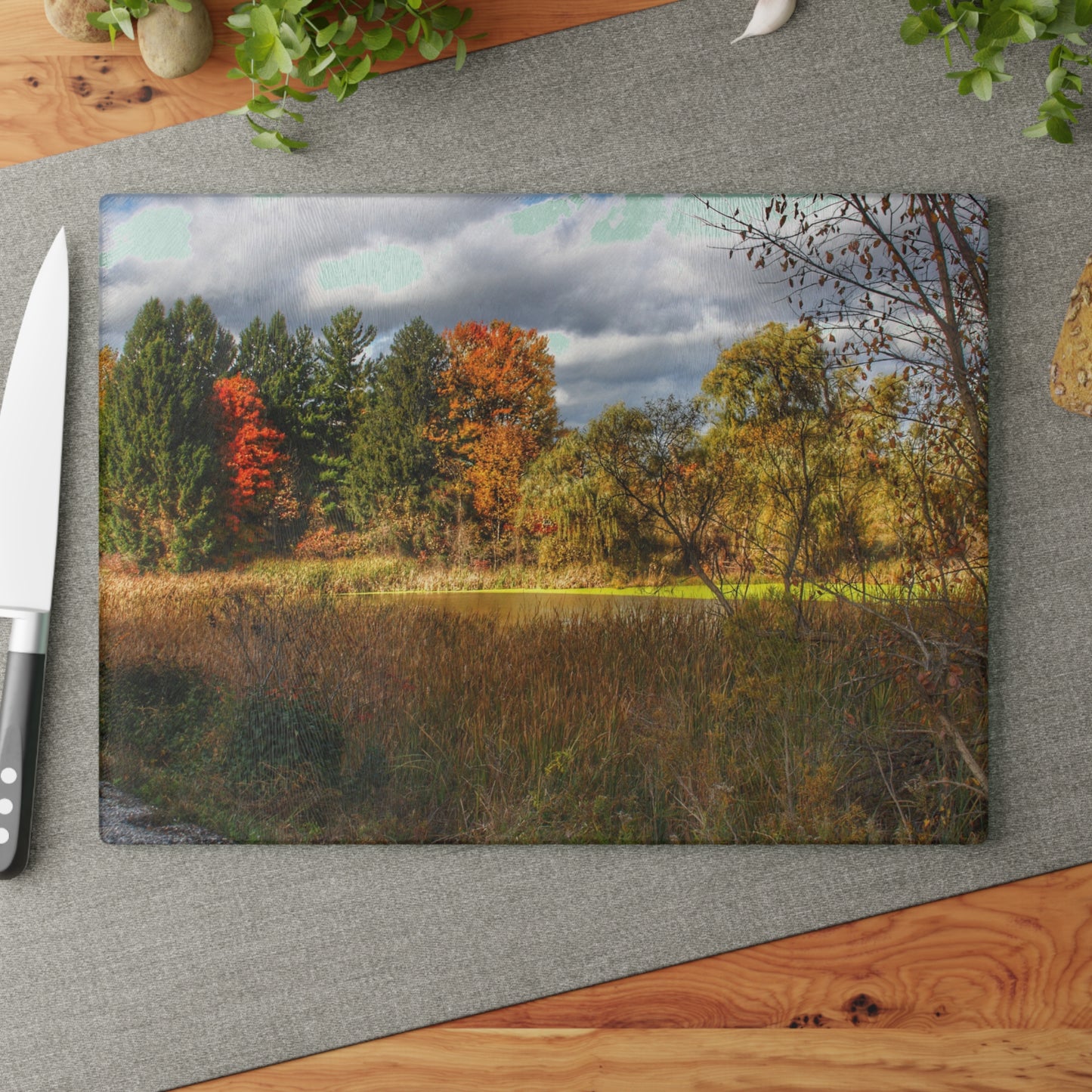 U R There Photography Fall Pond on Sutton Road Rustic Farmhouse Tempered-Glass Cutting Board