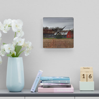 U R There Photography South Summers Road Rusted Grey and Little Red Rustic Farmhouse Acrylic Analog Wall Clock
