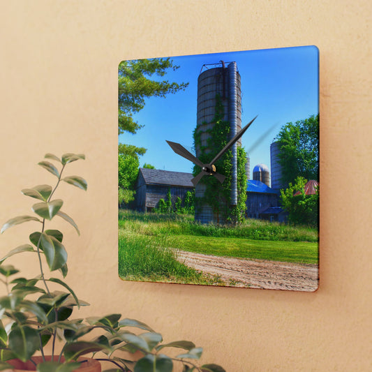 U R There Photography Bordman Road Old Grey and Silo II Rustic Farmhouse Acrylic Analog Wall Clock