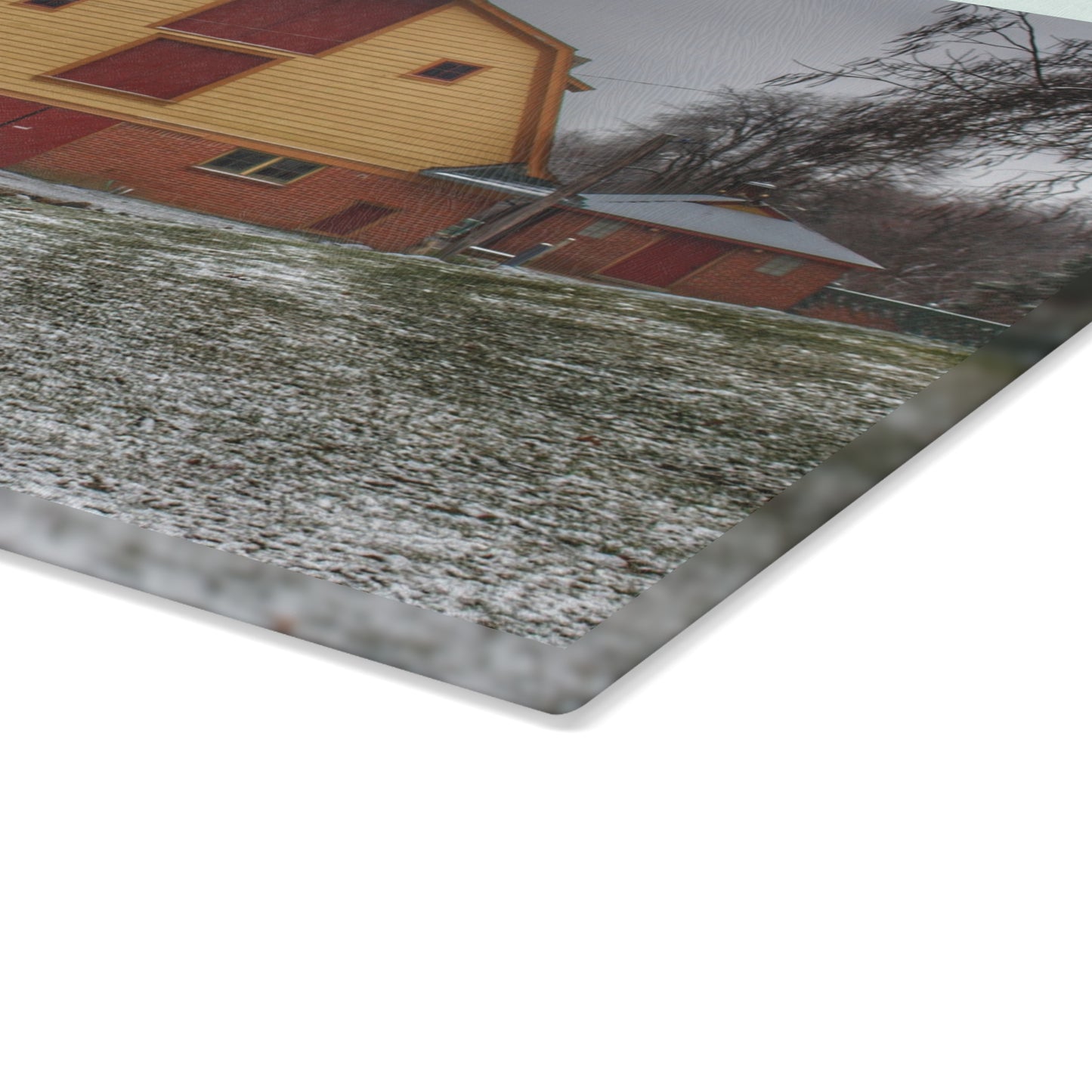 U R There Photography Yellow Barn of Bordman Rustic Farmhouse Tempered-Glass Cutting Board