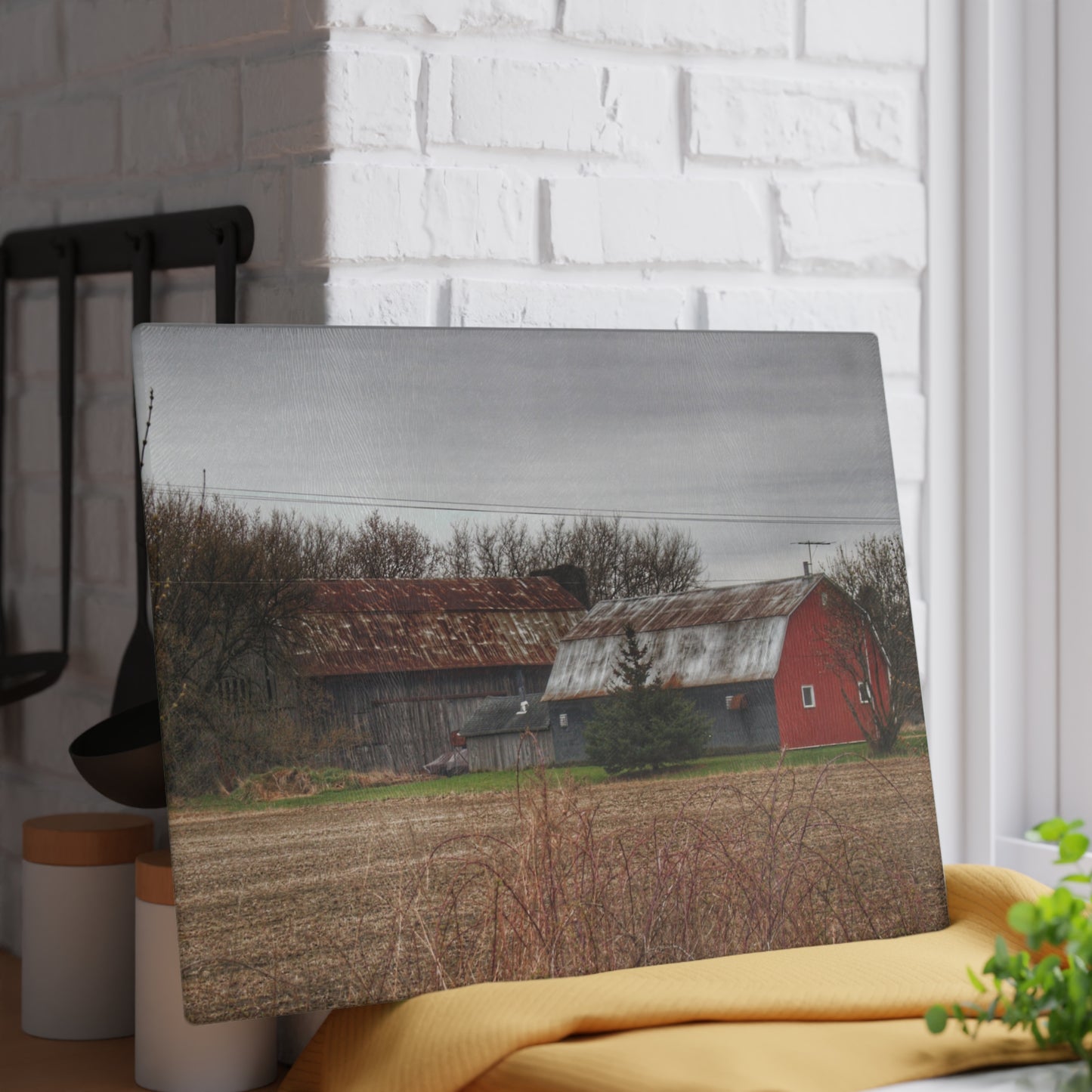 U R There Photography South Summers Road Rusted Grey and Little Red Rustic Farmhouse Tempered-Glass Cutting Board