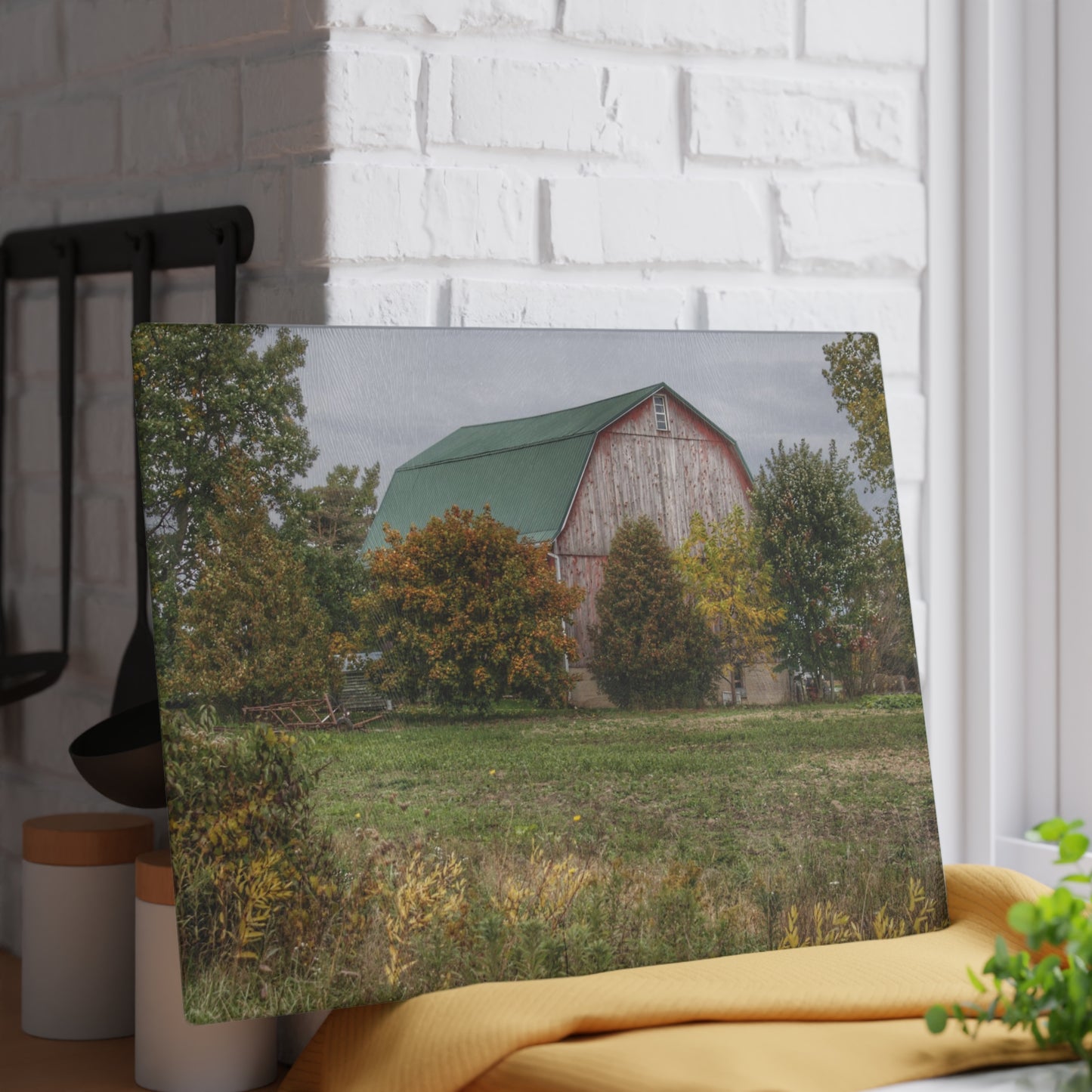 U R There Photography Elmwood Road Red II Rustic Farmhouse Tempered-Glass Cutting Board