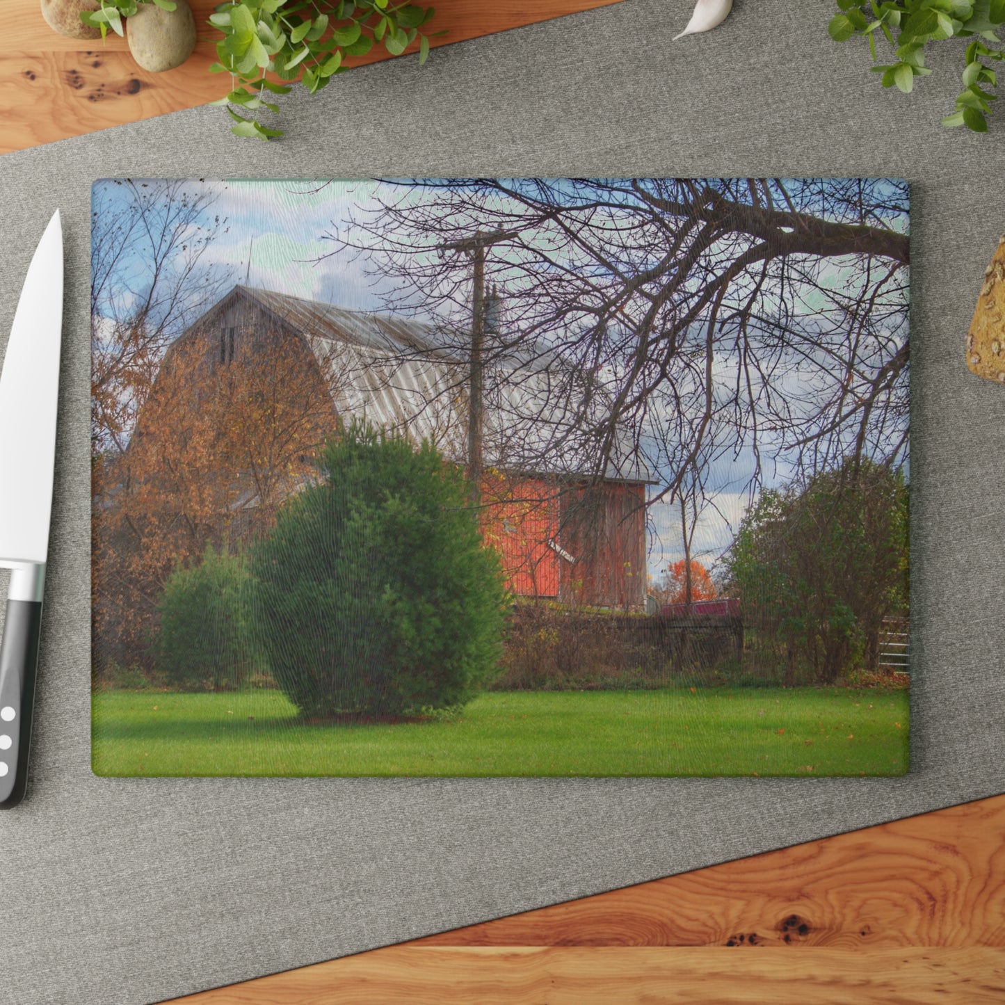 U R There Photography Millis Road Hidden Red Rustic Farmhouse Tempered-Glass Cutting Board