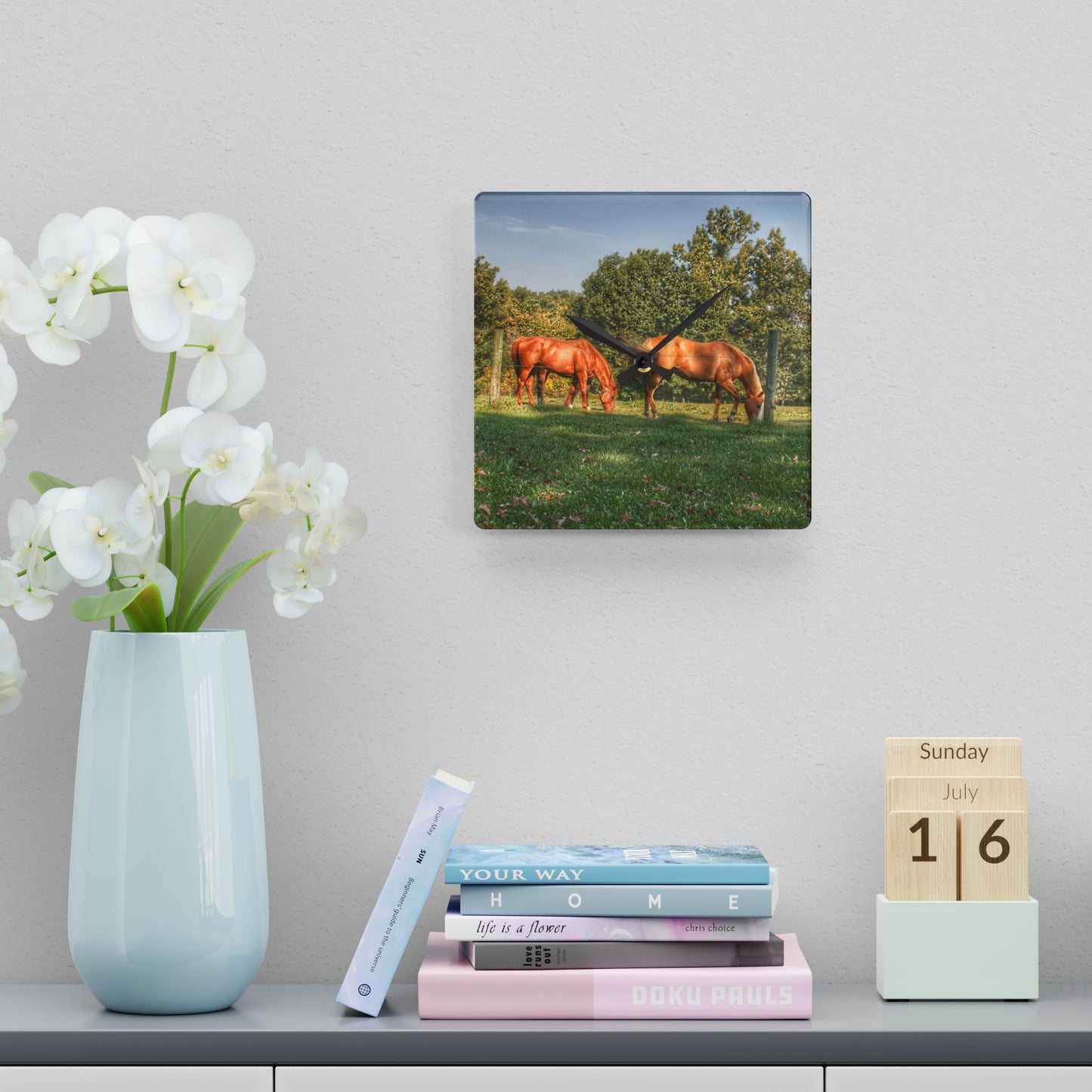 U R There Photography Caramel Horses Rustic Farmhouse Acrylic Analog Wall Clock