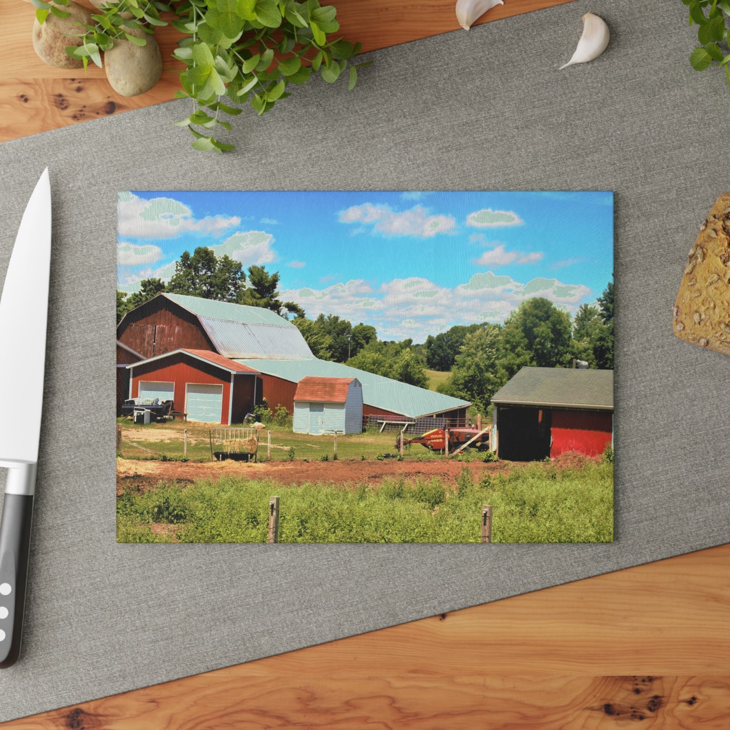 U R There Photography McKeen Lake Road Reds II Rustic Farmhouse Tempered-Glass Cutting Board