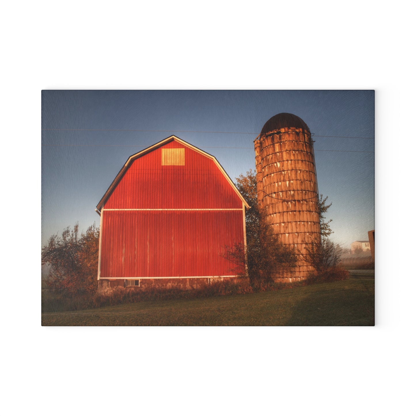 U R There Photography Klam Road Red Meets Foggy Sunrise I Rustic Farmhouse Tempered-Glass Cutting Board