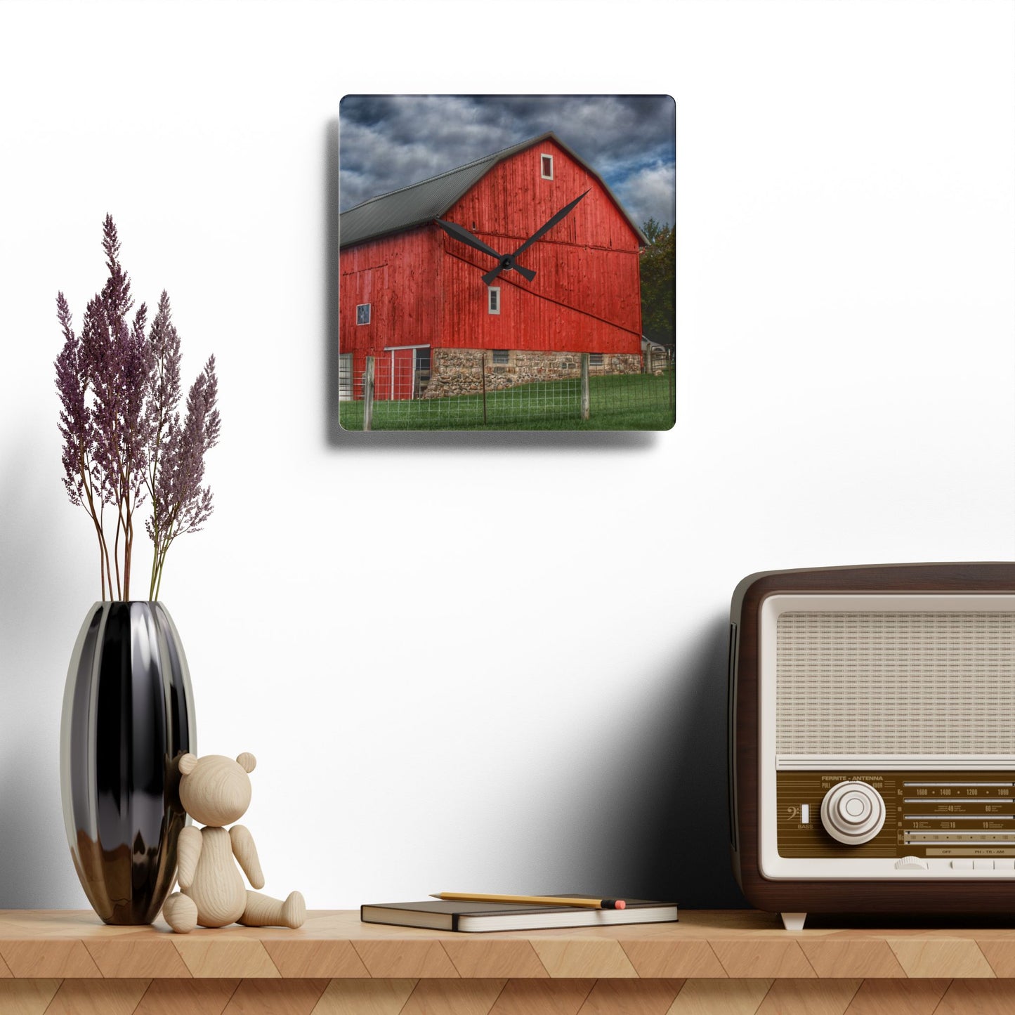 U R There Photography Elba Road Red I Rustic Farmhouse Acrylic Analog Wall Clock
