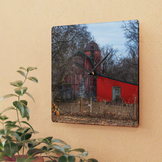 U R There Photography Bray Road Hidden Barnyard Red I Rustic Farmhouse Acrylic Analog Wall Clock