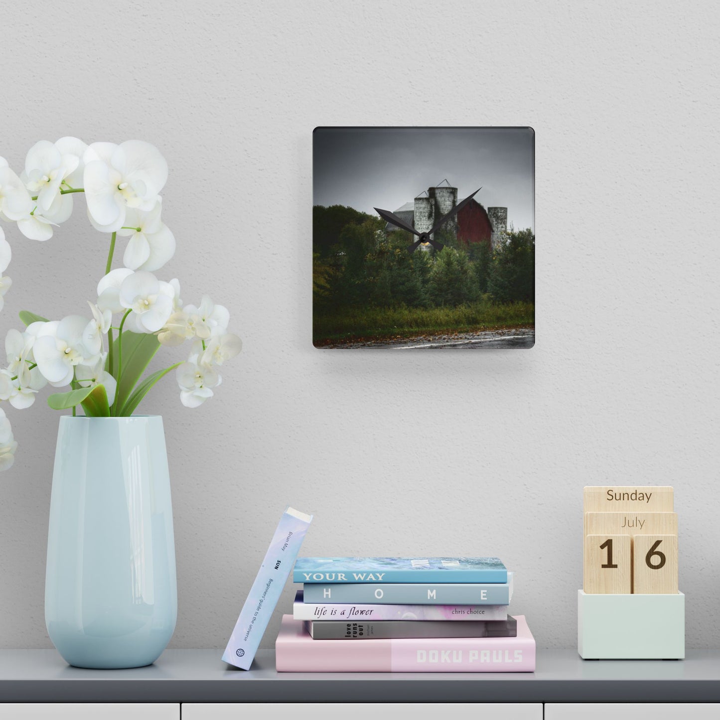 U R There Photography Castle Road Red and Silos in the Rain Rustic Farmhouse Acrylic Analog Wall Clock