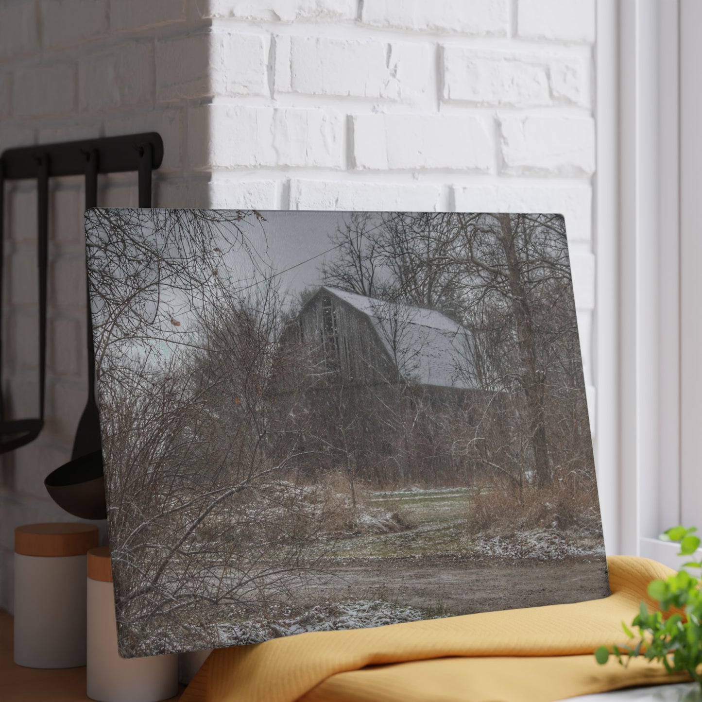 U R There Photography Bishop Road Winter Grey Rustic Farmhouse Tempered-Glass Cutting Board