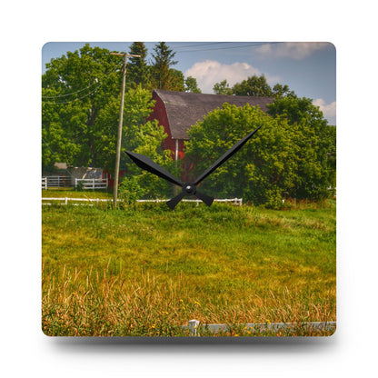 U R There Photography Hidden Red Beyond the Fence Rustic Farmhouse Acrylic Analog Wall Clock