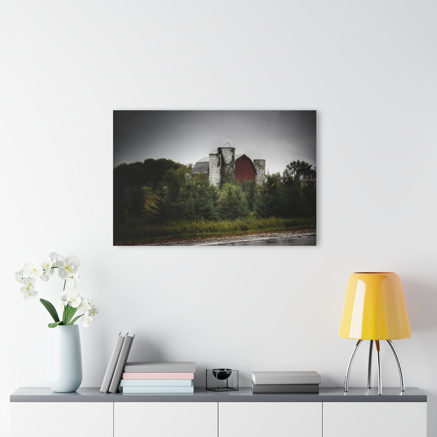 U R There Photography Castle Road Red and Silos in the Rain Rustic Farmhouse Acrylic Wall Print