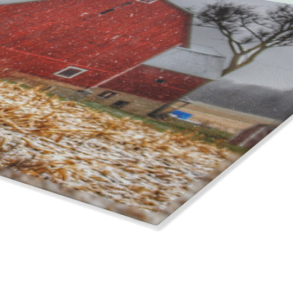 U R There Photography Shoemaker Road Winter Reds I Rustic Farmhouse Tempered-Glass Cutting Board