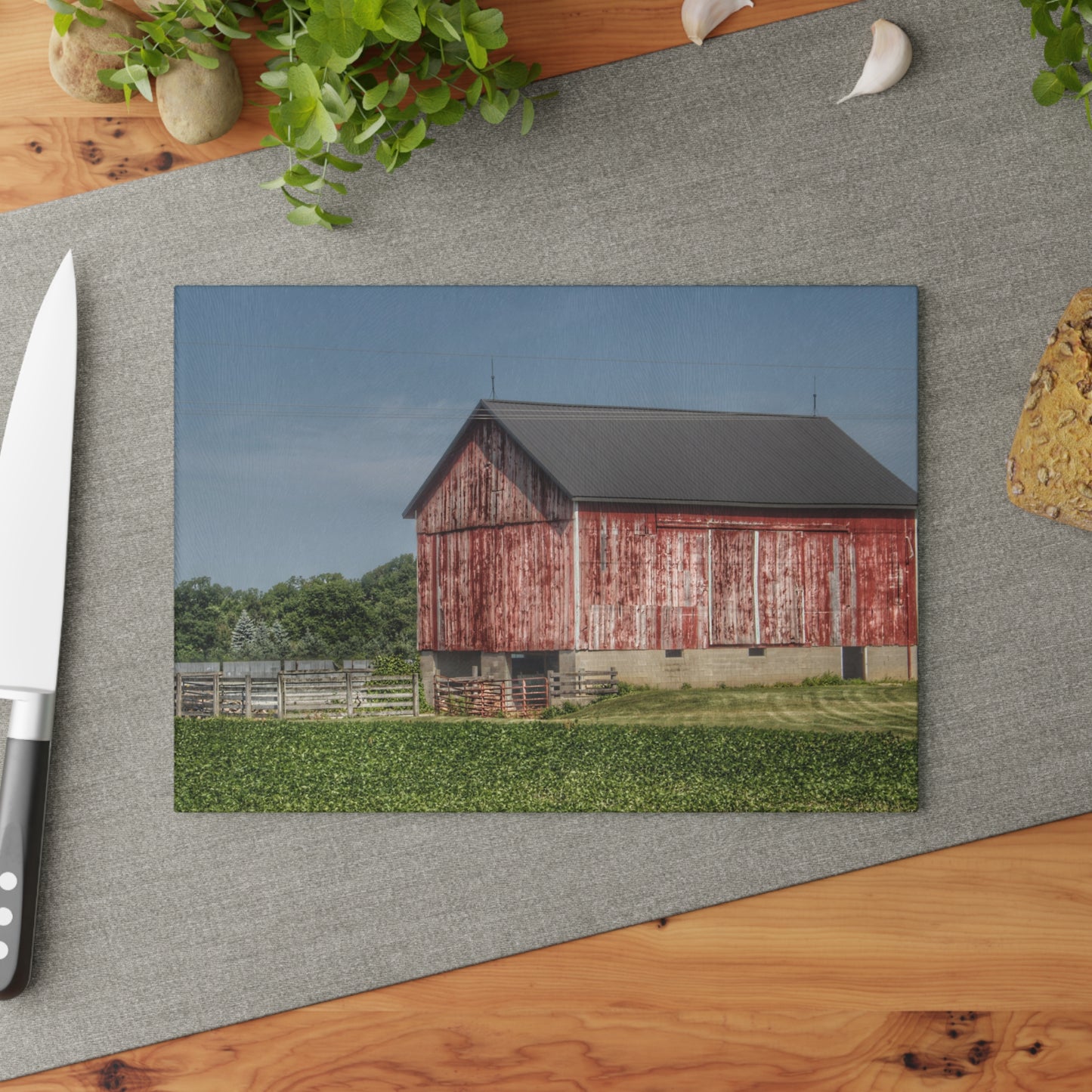 U R There Photography Lake Pleasant Corral Red I Rustic Farmhouse Tempered-Glass Cutting Board