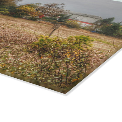 U R There Photography Hadley Road Hidden Red in Fall Rustic Farmhouse Tempered-Glass Cutting Board