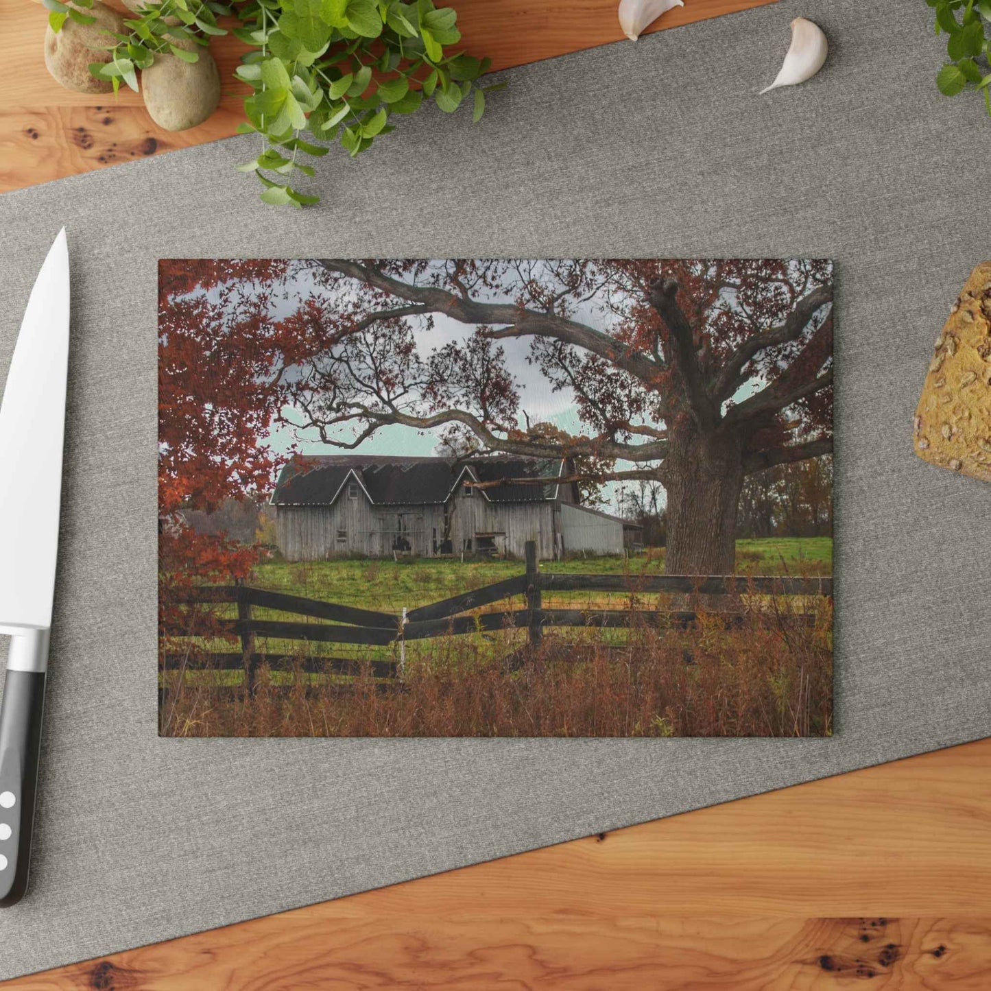 U R There Photography Green Road Grey Beyond the Oak Rustic Farmhouse Tempered-Glass Cutting Board