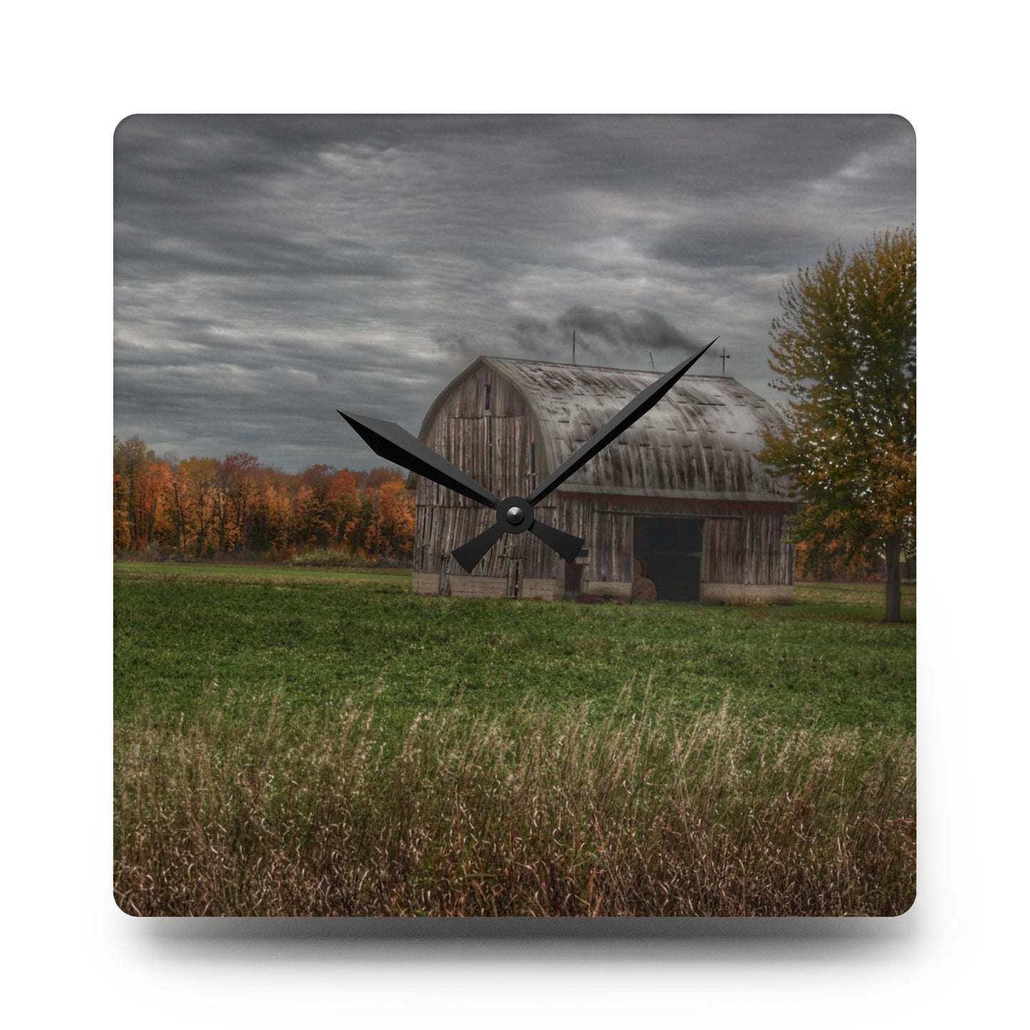 U R There Photography Bray Road Grey in the Fall Rustic Farmhouse Acrylic Analog Wall Clock
