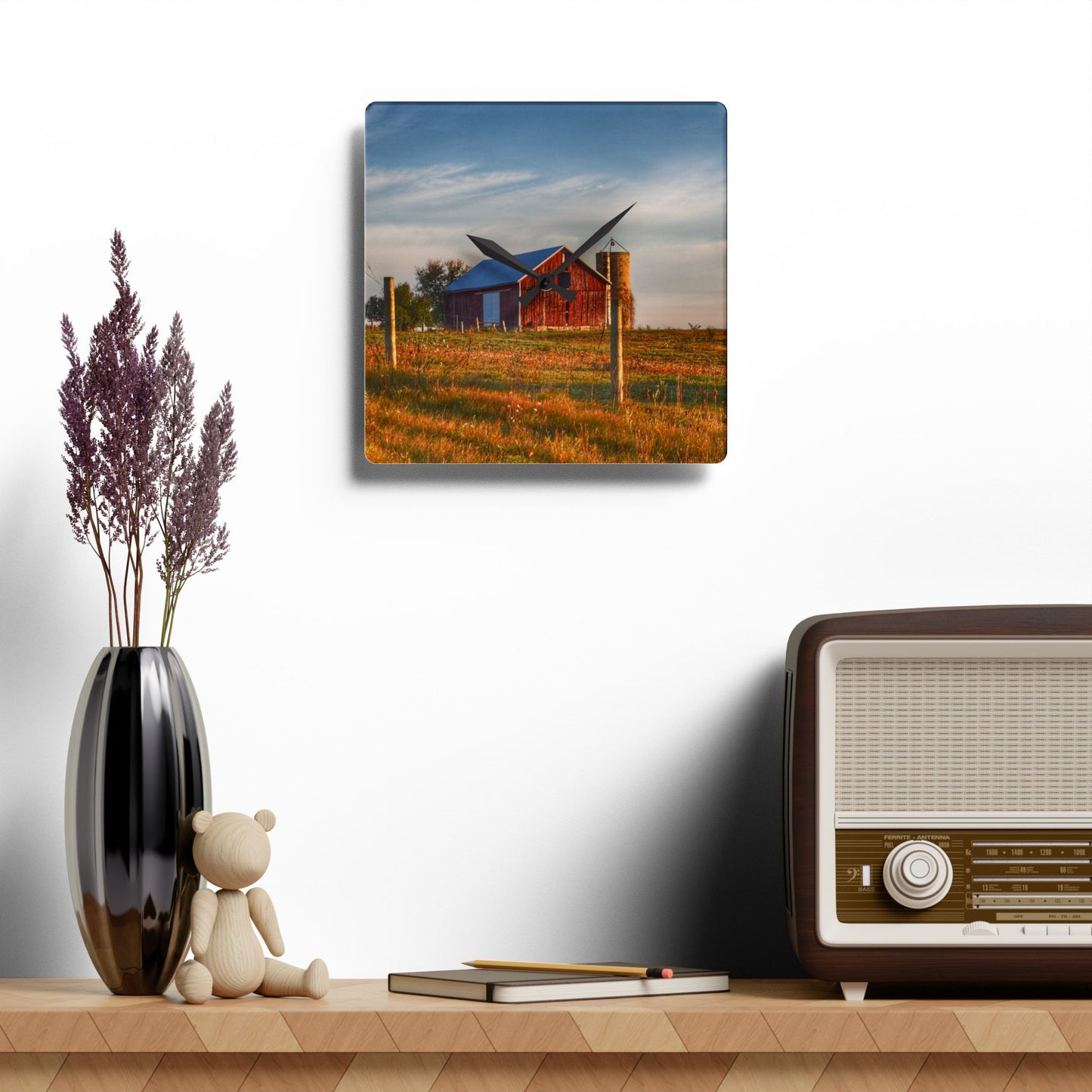 U R There Photography North Lake Pleasant Little Red II Rustic Farmhouse Acrylic Analog Wall Clock