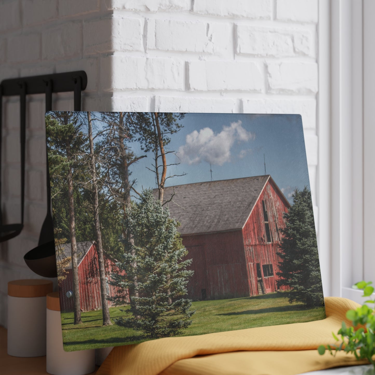 U R There Photography Havens Road Red Among the Pines Rustic Farmhouse Tempered-Glass Cutting Board