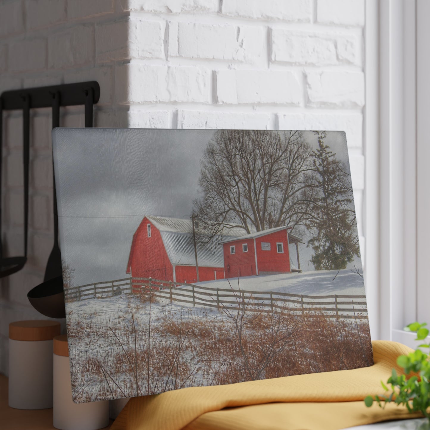 U R There Photography Catlin Red and Fence II Rustic Farmhouse Tempered-Glass Cutting Board