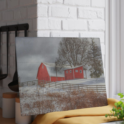 U R There Photography Catlin Red and Fence II Rustic Farmhouse Tempered-Glass Cutting Board