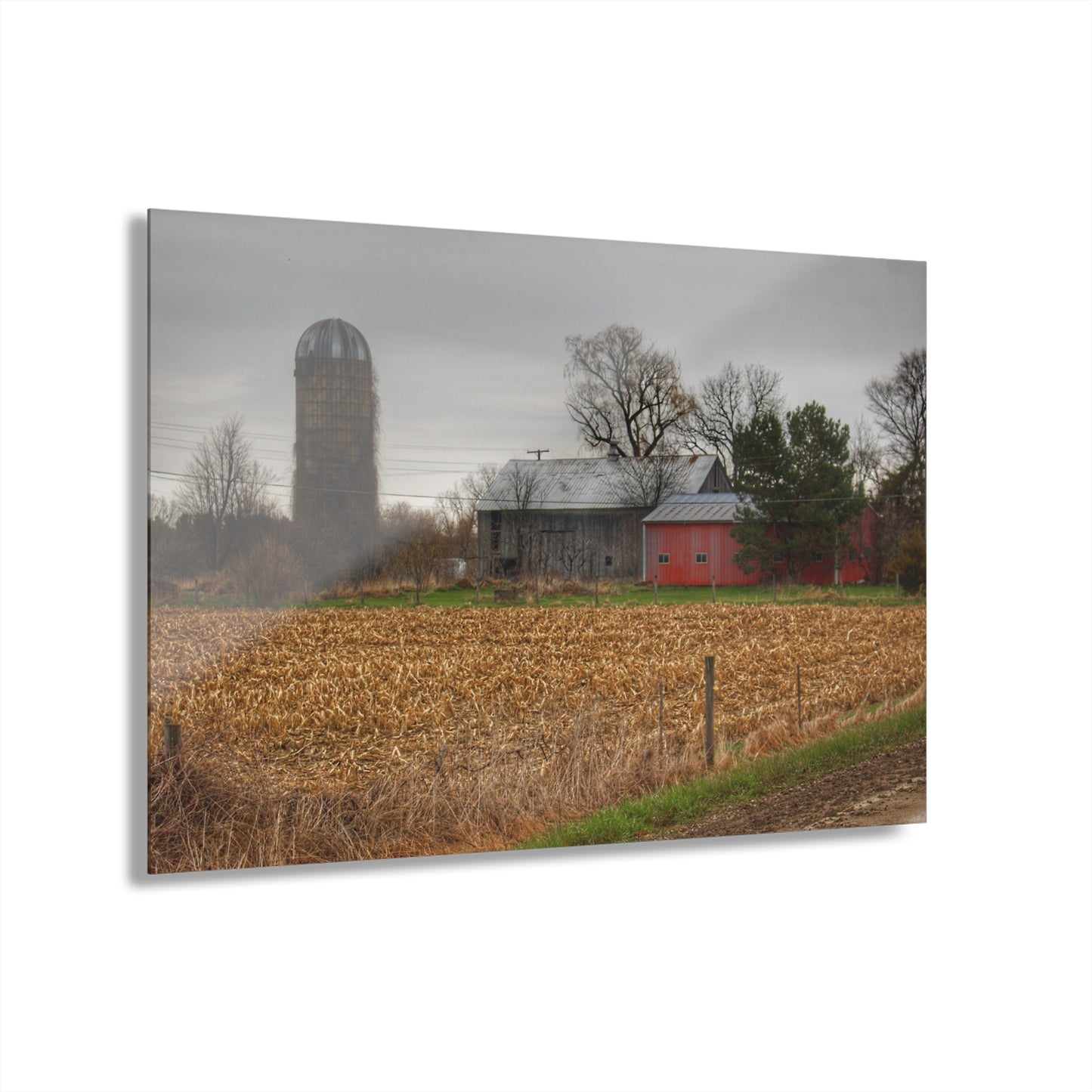 U R There Photography Dryden Road Gable Grey and Silo Rustic Farmhouse Acrylic Wall Print