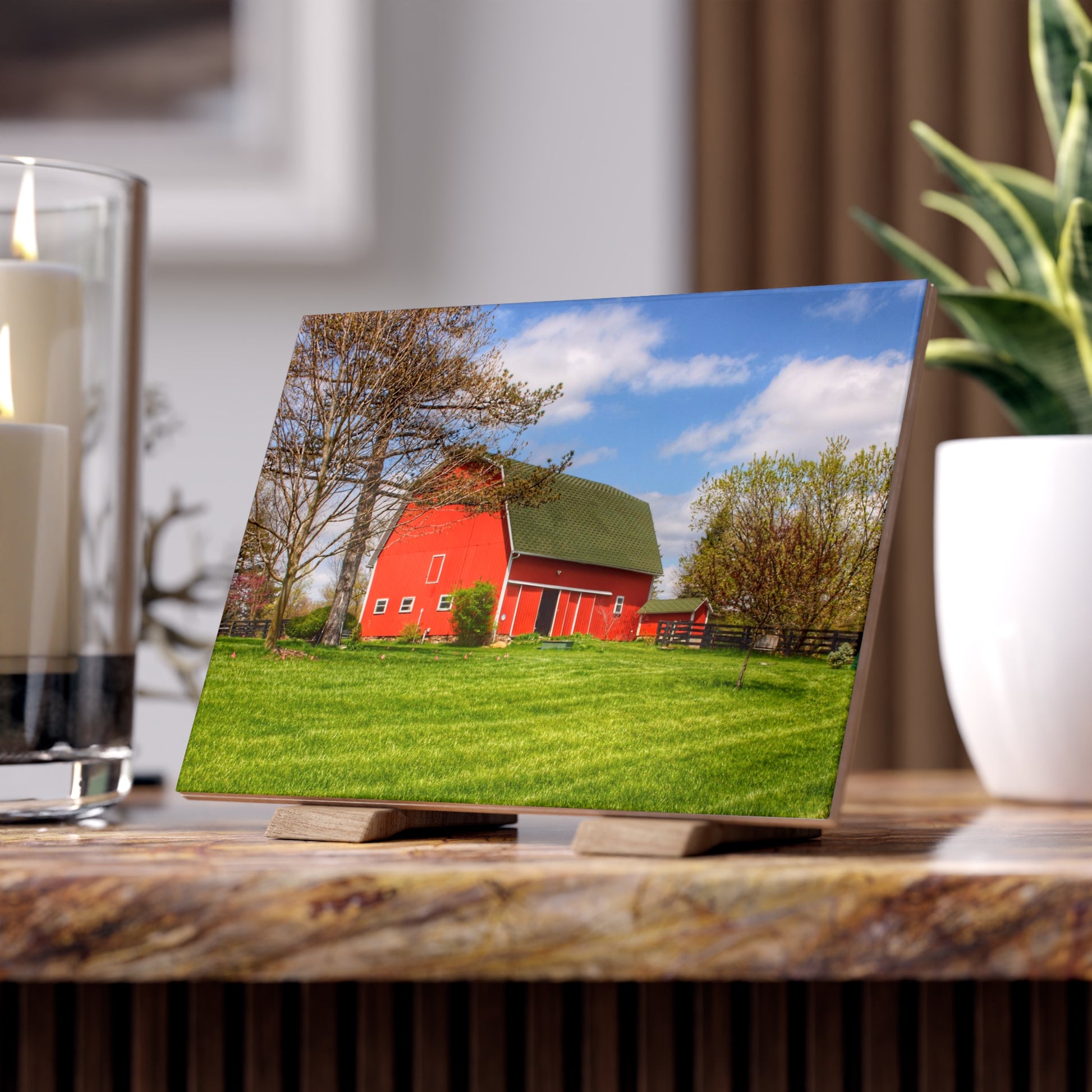 U R There Photography Barber Road Red Rustic Farmhouse Decorative Ceramic Tile 6" × 8" Glossy