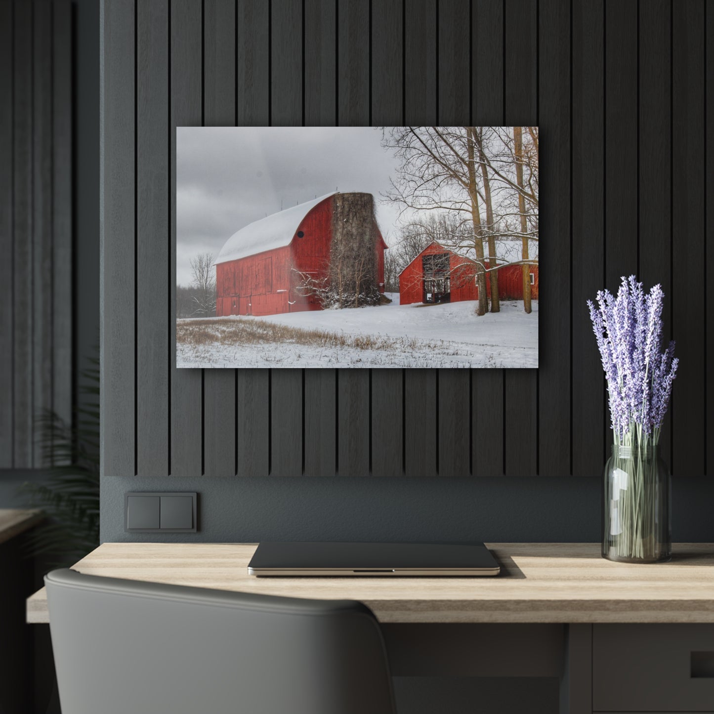 U R There Photography Catlin Reds in Winter I Rustic Farmhouse Acrylic Wall Print