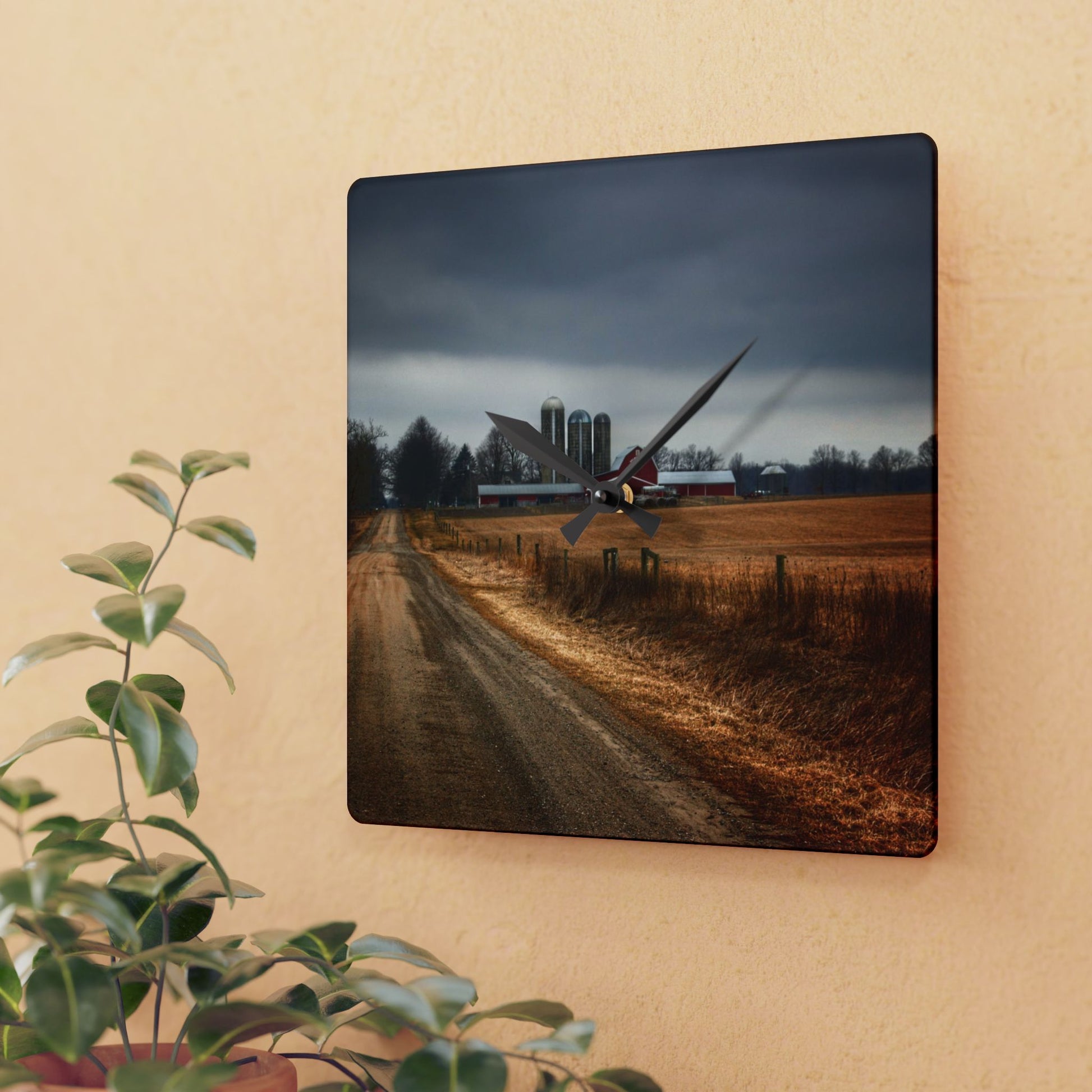 Rustic Farmhouse Wall Clock featuring Across the Field on Daley Road