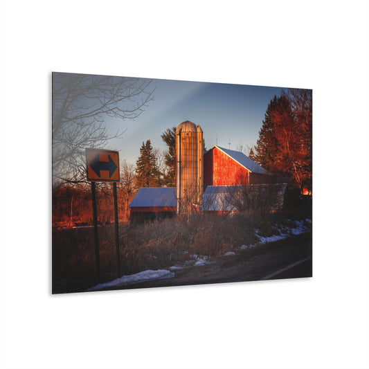 U R There Photography Mount Morris Road Reds and Silo in Winter Rustic Farmhouse Acrylic Wall Print