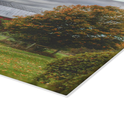 U R There Photography Columbiaville Red in Fall II Rustic Farmhouse Tempered-Glass Cutting Board