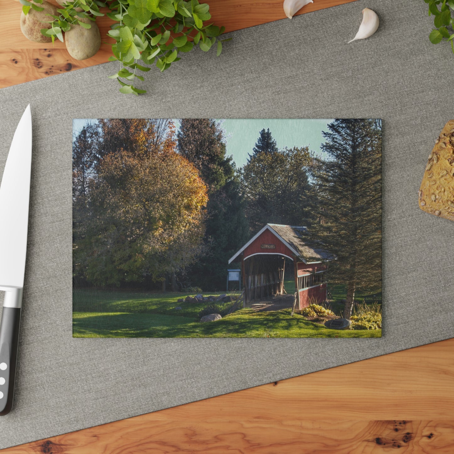 U R There Photography Hadley Covered Bridge II Rustic Farmhouse Tempered-Glass Cutting Board