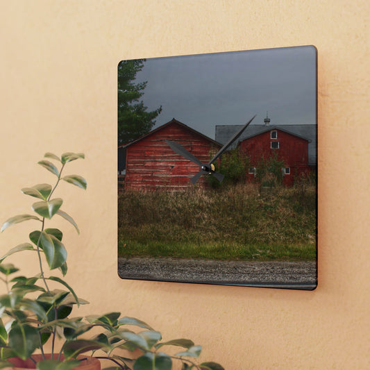 U R There Photography Goodrich Baldwin Road Reds I  Rustic Farmhouse Acrylic Analog Wall Clock