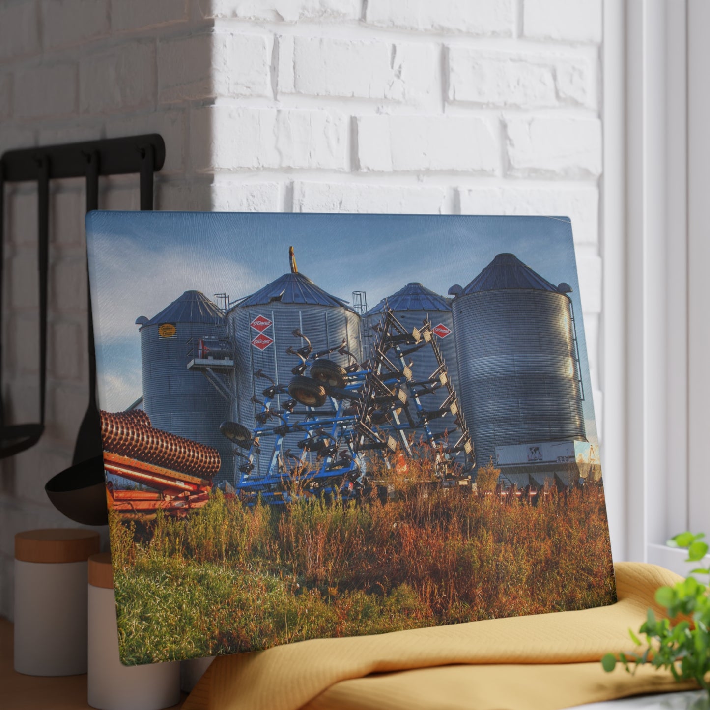 U R There Photography Peck Road Grain Silos Rustic Farmhouse Tempered-Glass Cutting Board