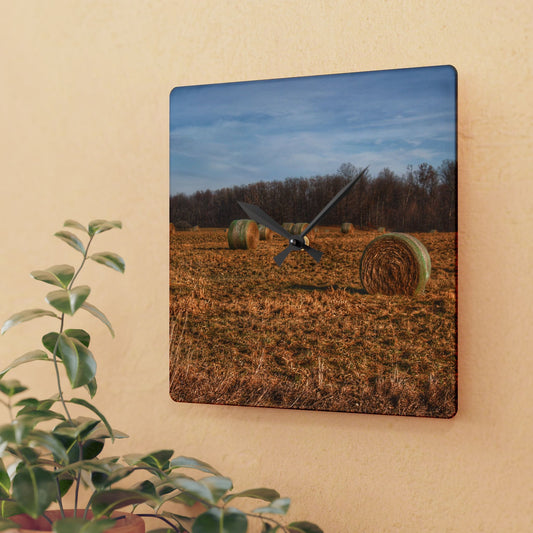 U R There Photography December Haybales Rustic Farmhouse Acrylic Analog Wall Clock